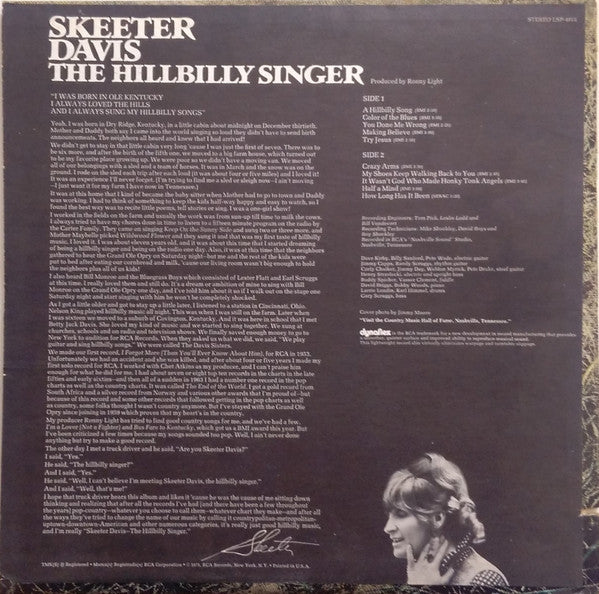 Skeeter Davis : The Hillbilly Singer (LP, Album, Ind)