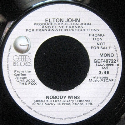 Elton John : Nobody Wins (7", Mono, Promo, Los)