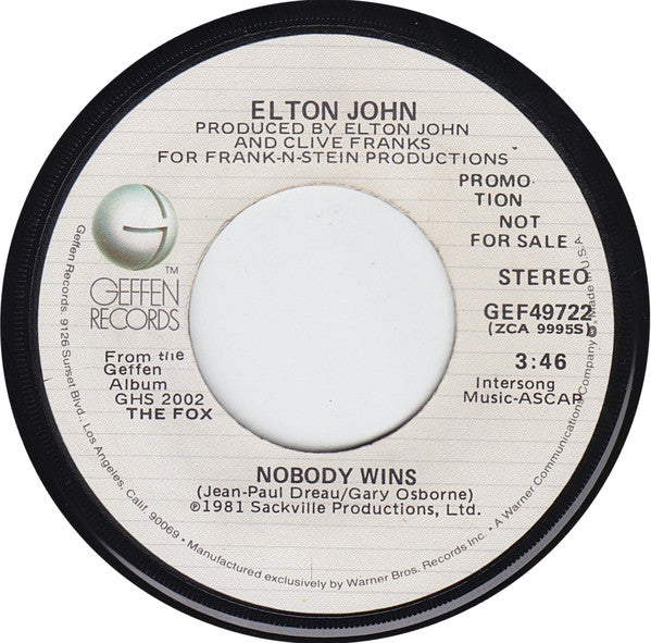 Elton John : Nobody Wins (7", Mono, Promo, Los)