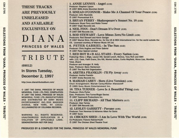 Various : Selections From Diana Princess Of Wales Tribute (CD, Comp, Promo, Smplr)