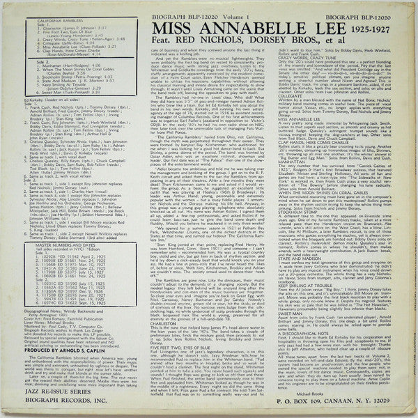 California Ramblers : Miss Annabelle Lee 1925-1927 (LP, Comp, RE)