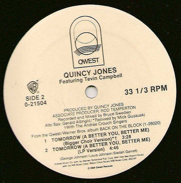 Quincy Jones : Tomorrow (A Better You, Better Me) (12", Maxi)