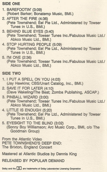 Pete Townshend ‘s Deep End (5) : Live! (Cass, Album)
