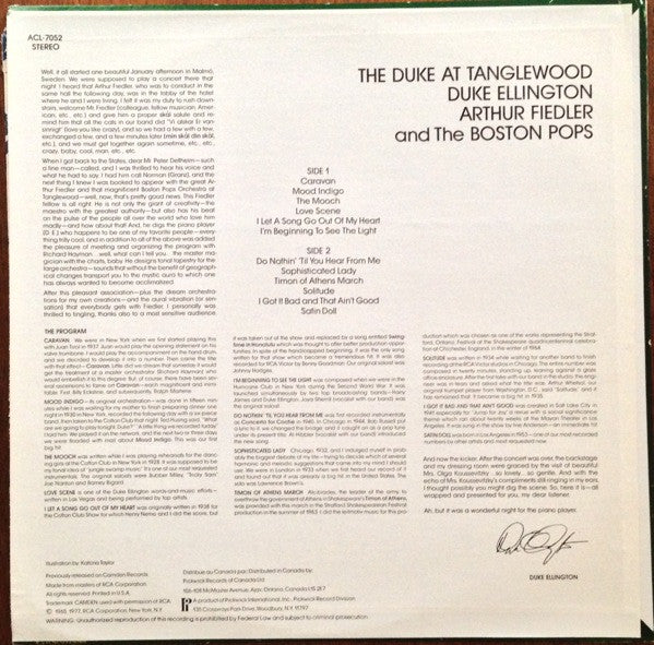 Duke Ellington - Boston Pops Orchestra / Arthur Fiedler : The Duke At Tanglewood (LP, Album, RE)