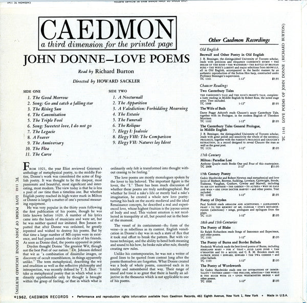 Richard Burton (2) : Love Poems Of John Donne (LP, Album, RE)