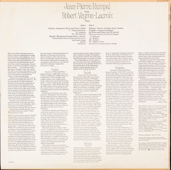 Jean-Pierre Rampal, Robert Veyron-Lacroix - Claude Debussy / Sergei Prokofiev / Béla Bartók / Francis Poulenc : Syrinx / Sonata In D Major For Flute And Piano / Hungarian Peasant Suite / Sonata For Flute And Piano (LP, Album, RE)