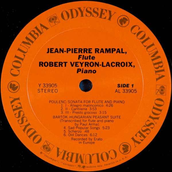 Jean-Pierre Rampal, Robert Veyron-Lacroix - Claude Debussy / Sergei Prokofiev / Béla Bartók / Francis Poulenc : Syrinx / Sonata In D Major For Flute And Piano / Hungarian Peasant Suite / Sonata For Flute And Piano (LP, Album, RE)