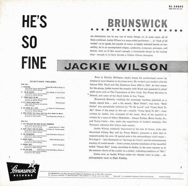 Jackie Wilson : He's So Fine (LP, Album, Mono)