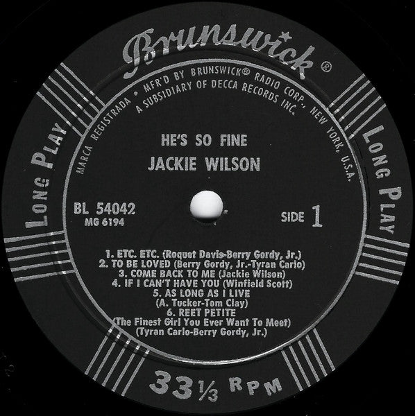 Jackie Wilson : He's So Fine (LP, Album, Mono)