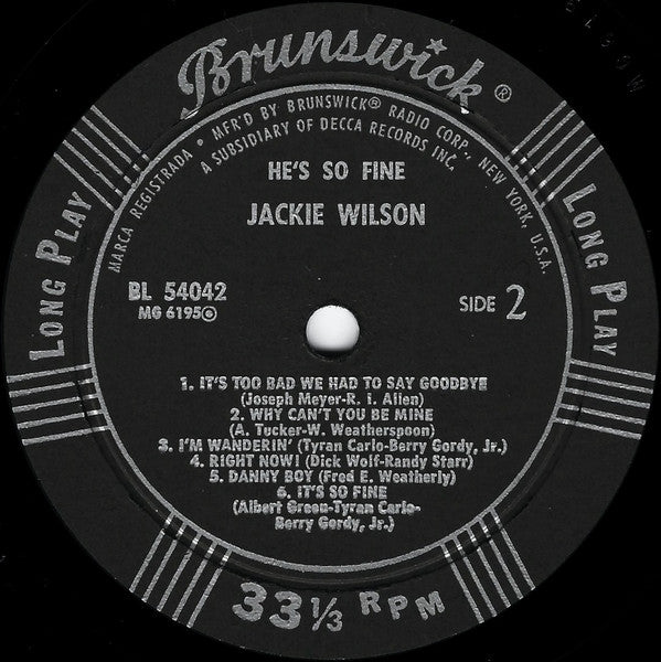 Jackie Wilson : He's So Fine (LP, Album, Mono)