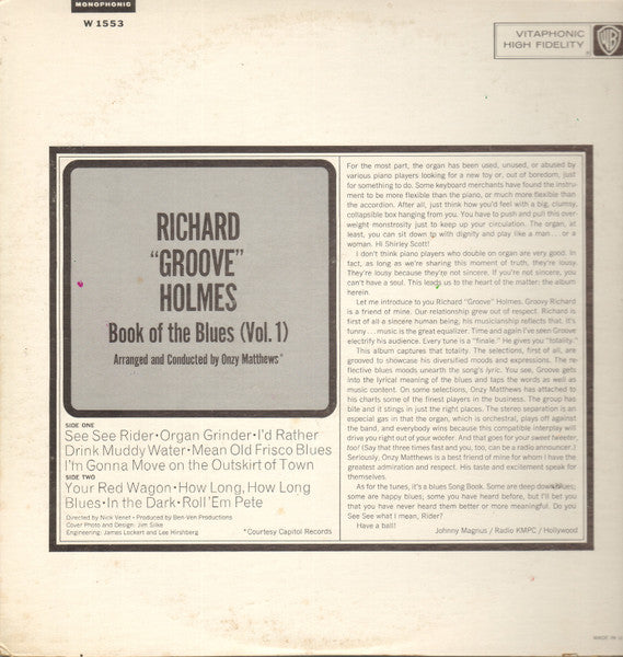 Richard "Groove" Holmes : Book Of The Blues Vol. 1 (LP, Album, Mono, Promo)