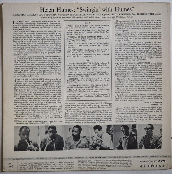 Helen Humes : Swingin' With Humes (LP, Album, Mono)
