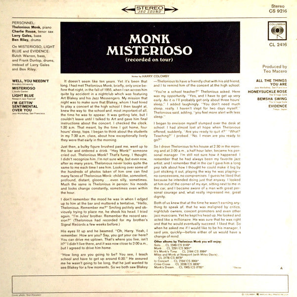 Thelonious Monk : Misterioso (Recorded On Tour) (LP, Album, San)