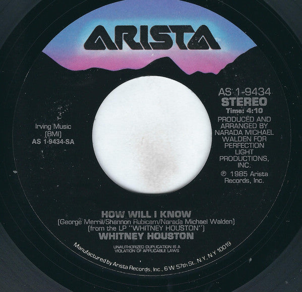 Whitney Houston : How Will I Know (7", Single, Styrene, Ind)