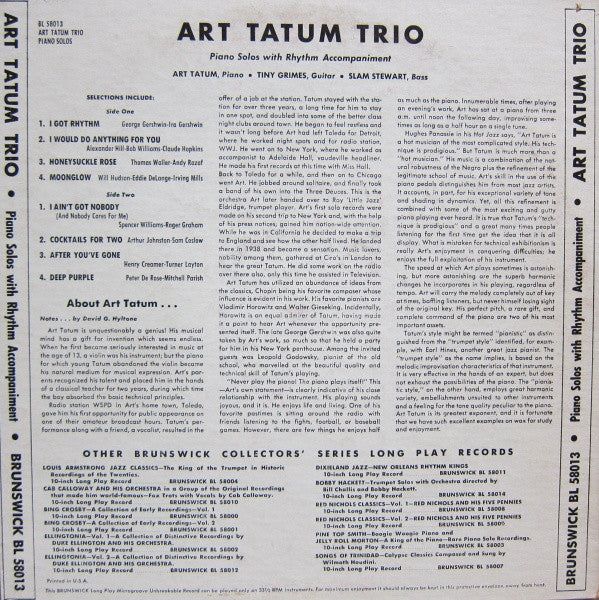 Art Tatum Trio : Piano Solos With Rhythm Accompaniment (10")