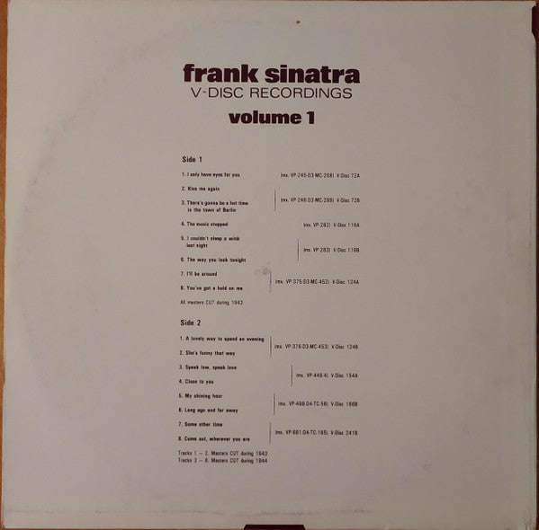 Frank Sinatra : The V-Disc Recordings Volume 1 (LP, Comp, Mono)