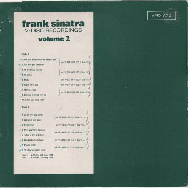 Frank Sinatra : The V-Disc Recordings Volume 2 (LP, Comp, Mono)