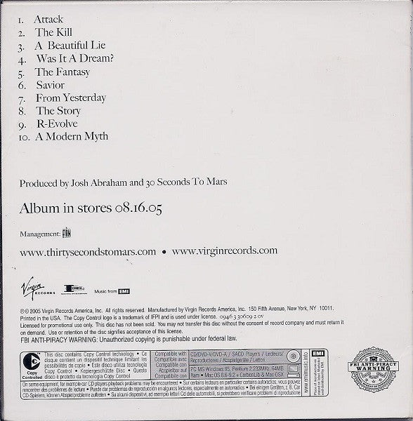 30 Seconds To Mars : A Beautiful Lie (CD, Album, Promo, Adv)
