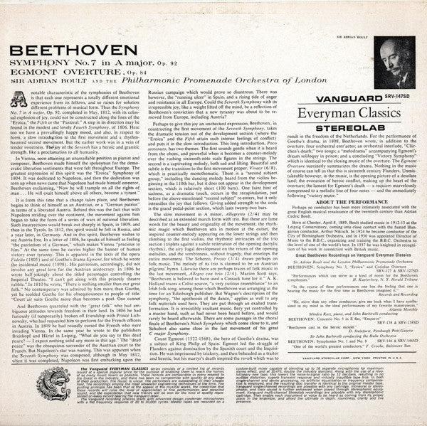 Ludwig van Beethoven - Sir Adrian Boult, The Philharmonic Promenade Orchestra : Symphony No. 7 In A Major, Op. 92 / Egmont Overture, Op. 94 (LP, Album)