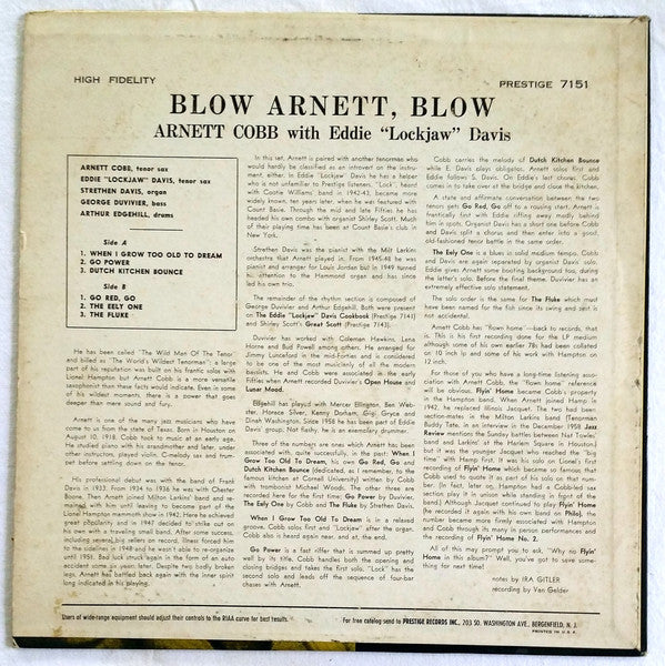 Arnett Cobb With Eddie "Lockjaw" Davis : Blow, Arnett, Blow (LP, Album, Mono)