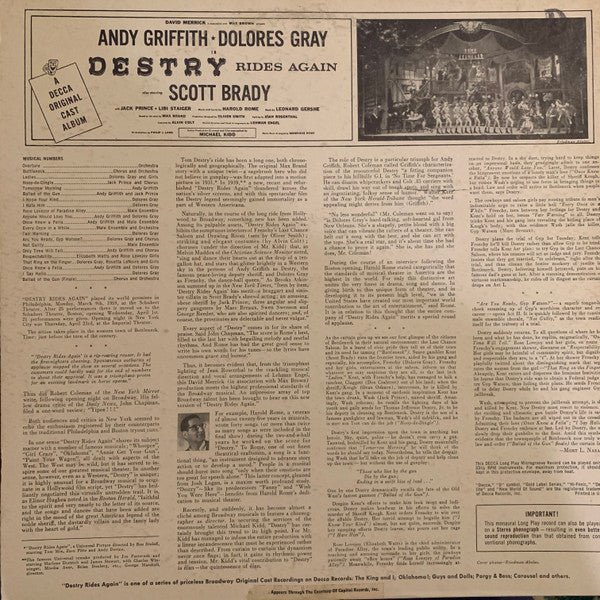 Andy Griffith - Dolores Gray : Destry Rides Again - The Original Cast Album (LP, Album, Mono)