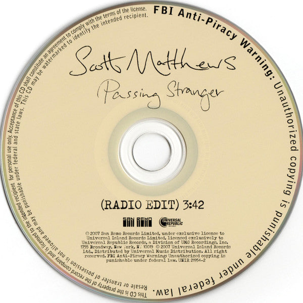 Scott Matthews (2) : Passing Stranger (CD, Single, Promo)