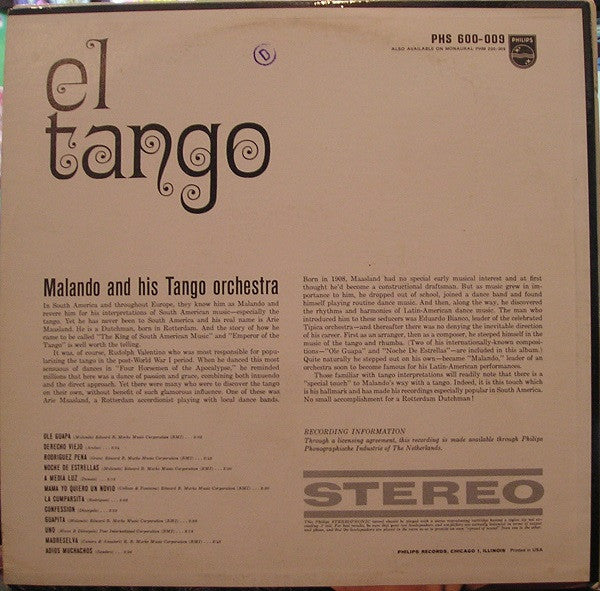 Malando And His Tango Orchestra : El Tango - World Famous Tangos (LP, Album)