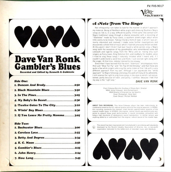 Dave Van Ronk : Gambler's Blues (LP, Mono, RE)