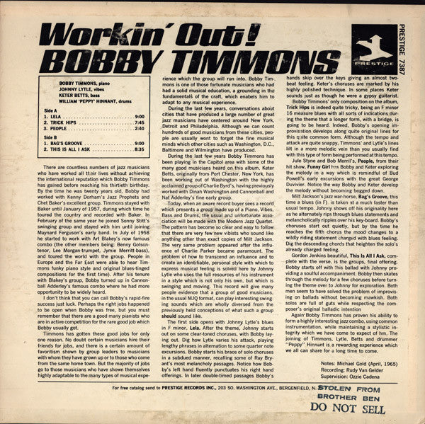 Bobby Timmons With Johnny Lytle : Workin' Out! (LP, Album)