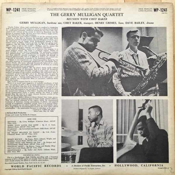 Gerry Mulligan Quartet : Reunion With Chet Baker (LP, Album, Mono, Dee)