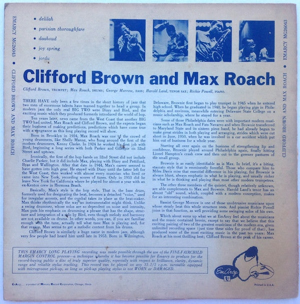 Clifford Brown And Max Roach : Clifford Brown And Max Roach (10", Album, Mono)