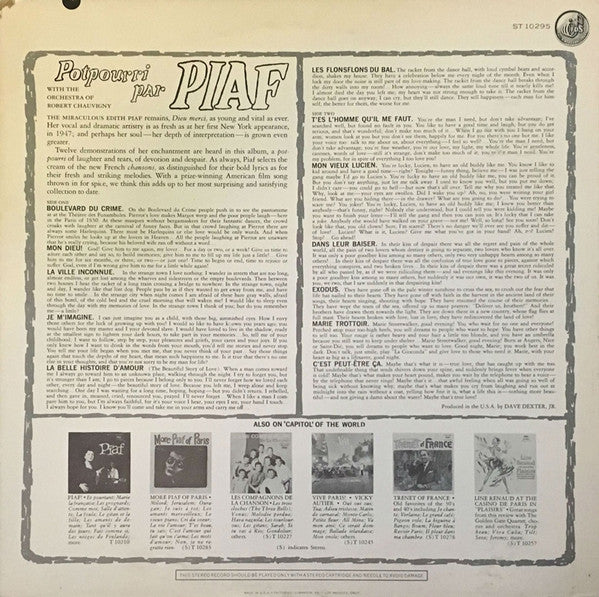 Edith Piaf : Potpourri Par Piaf - Her Most Recent Continental Successes Sung In French (Recorded In Paris) (LP)