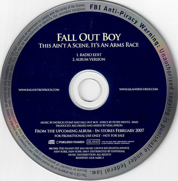 Fall Out Boy : This Ain't A Scene, It's An Arms Race (CD, Single, Promo)