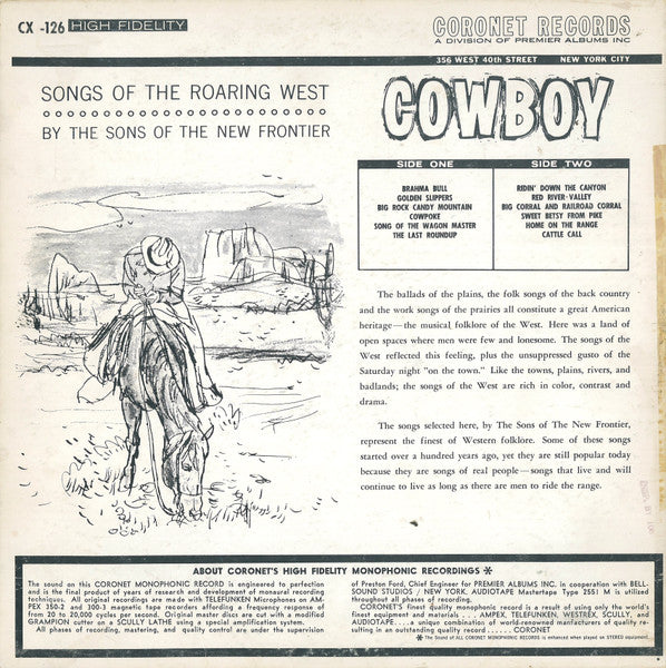 The Sons Of The New Frontier : Cowboy: Songs Of The Roaring West (LP, Album, Mono)