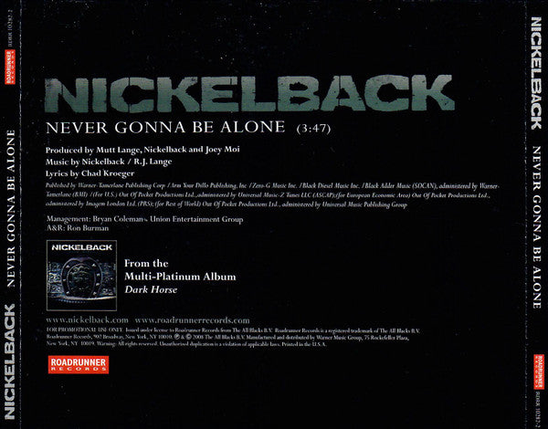 Nickelback : Never Gonna Be Alone (CD, Single, Promo)