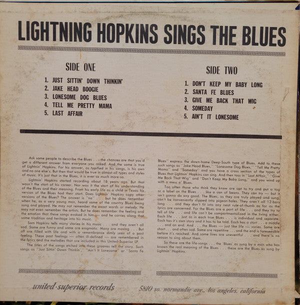 Lightnin' Hopkins : Sings The Blues (LP, Comp, RE)