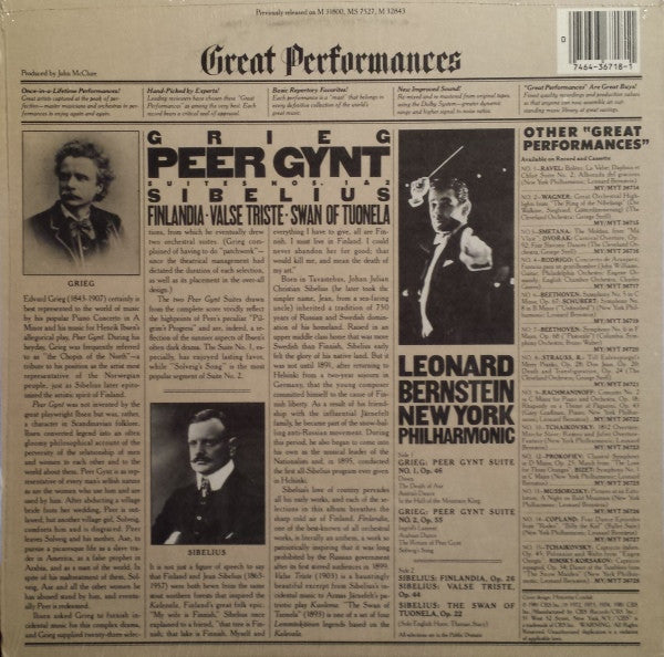 Edvard Grieg / Jean Sibelius - Leonard Bernstein, New York Philharmonic : Peer Gynt Suites No. 1 & 2 / Valse Triste, Finlandia, The Swan Of Tuonela (LP, Album)