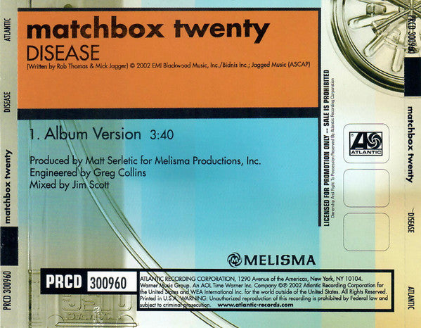 Matchbox Twenty : Disease (CD, Single, Promo)