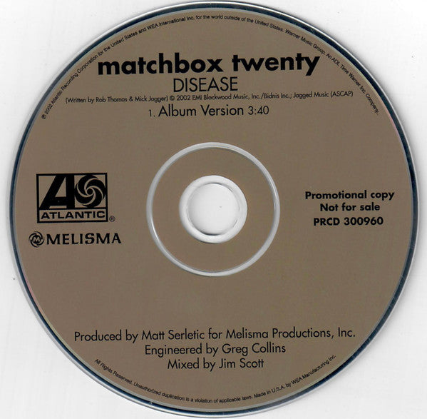 Matchbox Twenty : Disease (CD, Single, Promo)