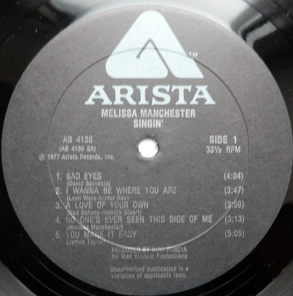 Melissa Manchester : Singin' (LP, Album, Club)
