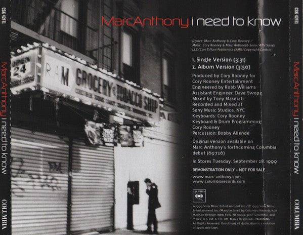Marc Anthony : I Need To Know (CD, Single, Promo)