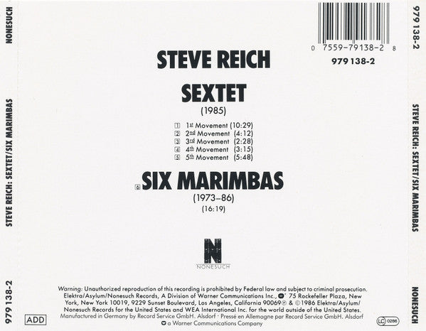 Steve Reich : Sextet • Six Marimbas (CD, Album)