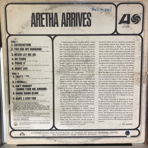 Aretha Franklin : Aretha Arrives (LP, Album, Mono)