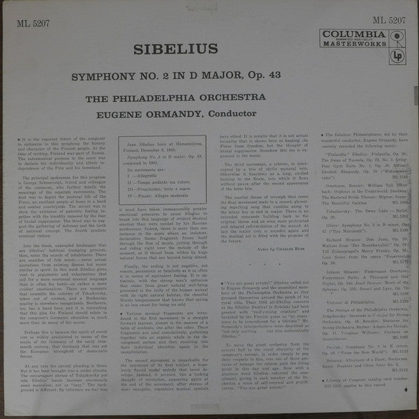 Jean Sibelius / The Philadelphia Orchestra, Eugene Ormandy : Symphony No. 2 In D Major, Op. 43 (LP, Mono)