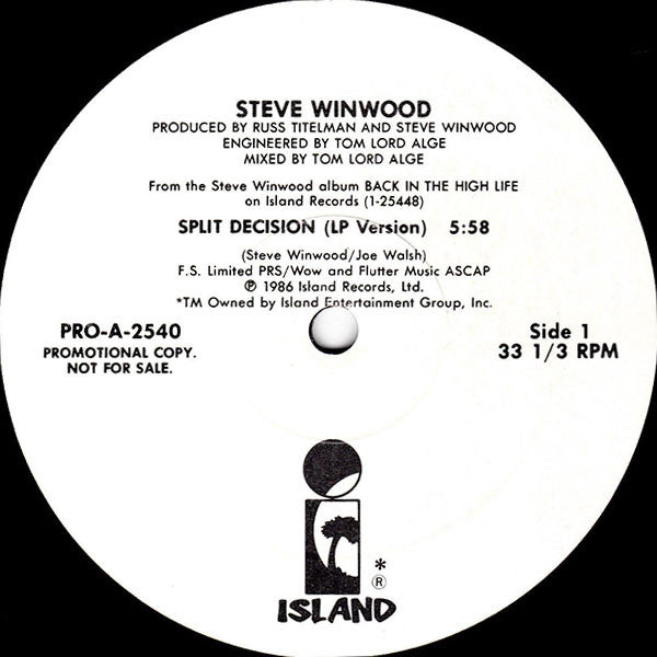 Steve Winwood : Split Decision (12", Promo)