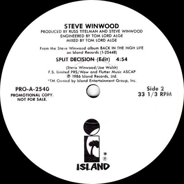 Steve Winwood : Split Decision (12", Promo)