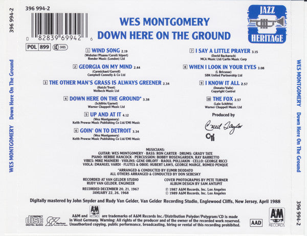 Wes Montgomery : Down Here On The Ground (CD, Album, RE, RM)