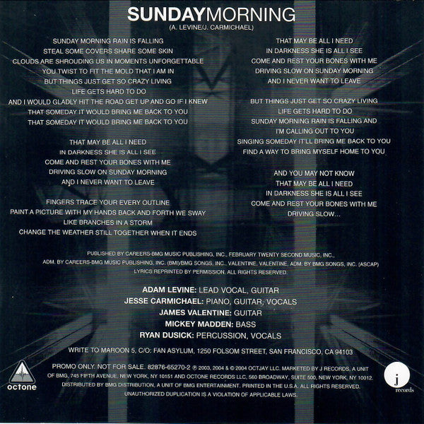 Maroon 5 : Sunday Morning (CD, Single, Promo)