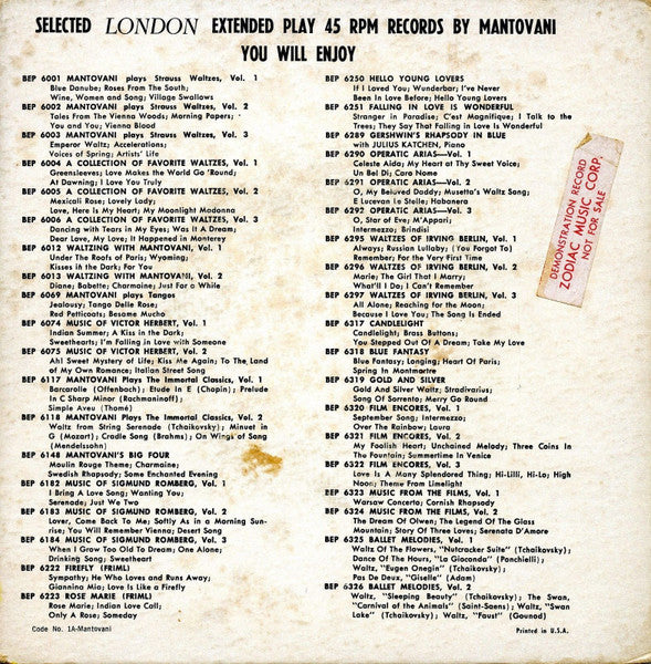 Mantovani And His Orchestra : Around The World (7", EP)