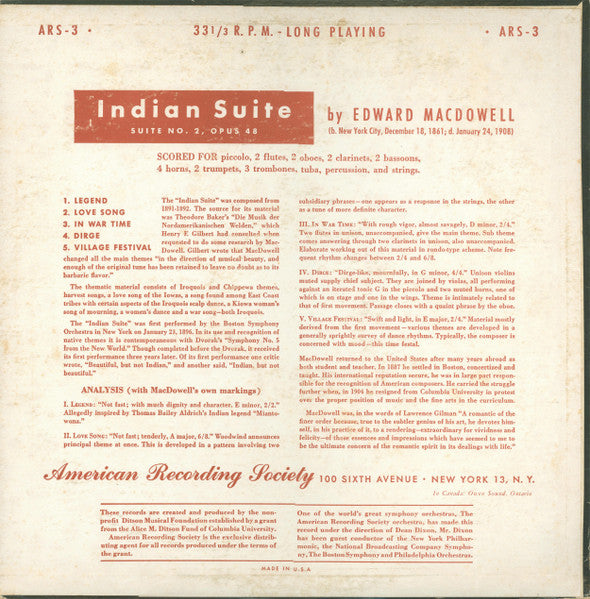 Edward MacDowell - American Recording Society Orchestra Conducted By Dean Dixon (2) : Indian Suite Opus 48 (10")